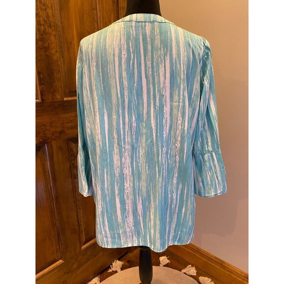 Gloria Vanderbilt Green & White Large Striped  Boho Peasant  Bell Sleeve Blouse - Picture 6 of 11